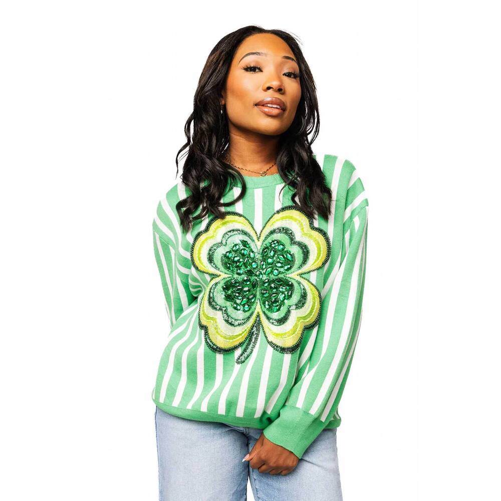 NEW QUEEN OF SPARKLES stripe shamrock sweater in green & white